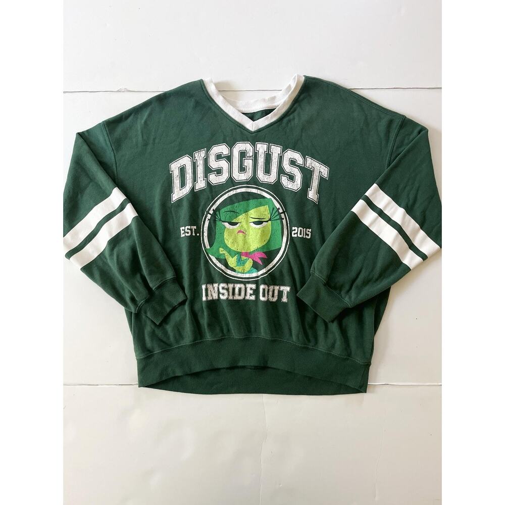 Disney Pixar Inside Out Sweater Womens M Green Disgust V Neck Fleece Graphic
